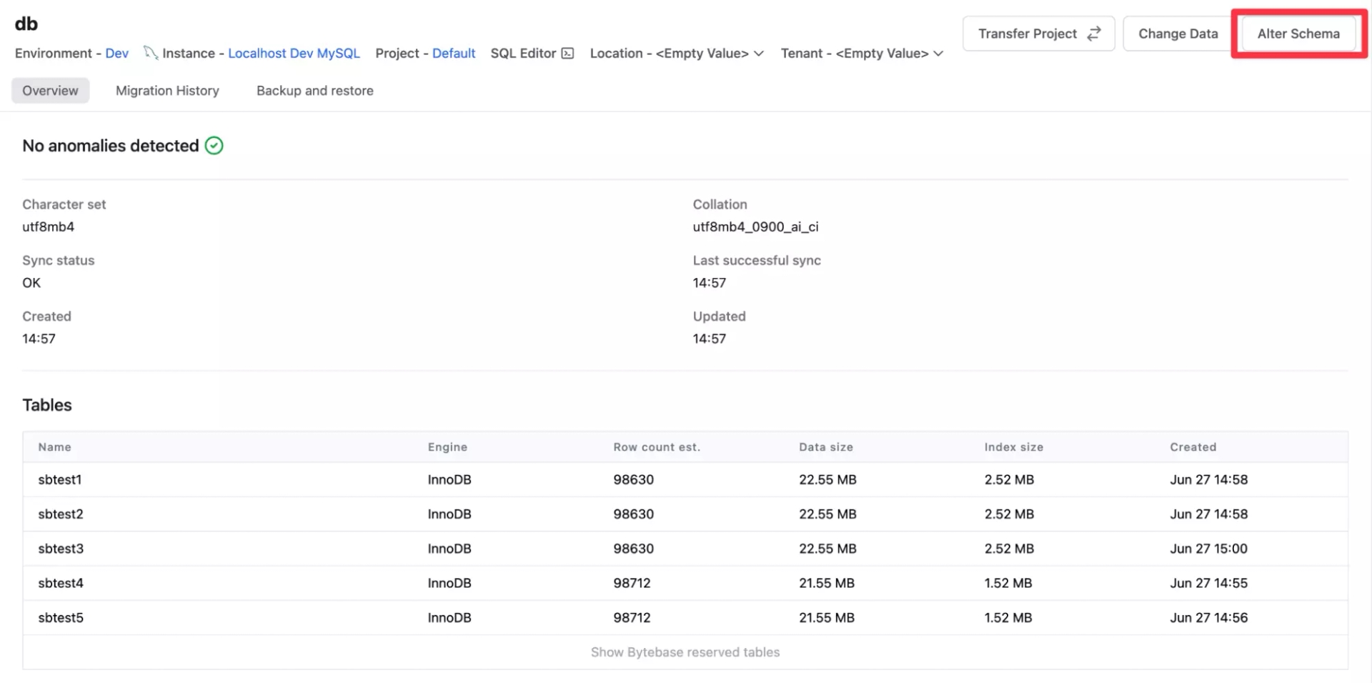 The database detail page with "alter schema" button highlighted