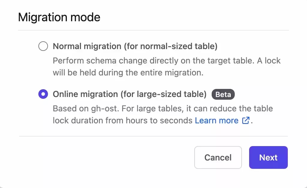 The migration mode option popup with online migration selected