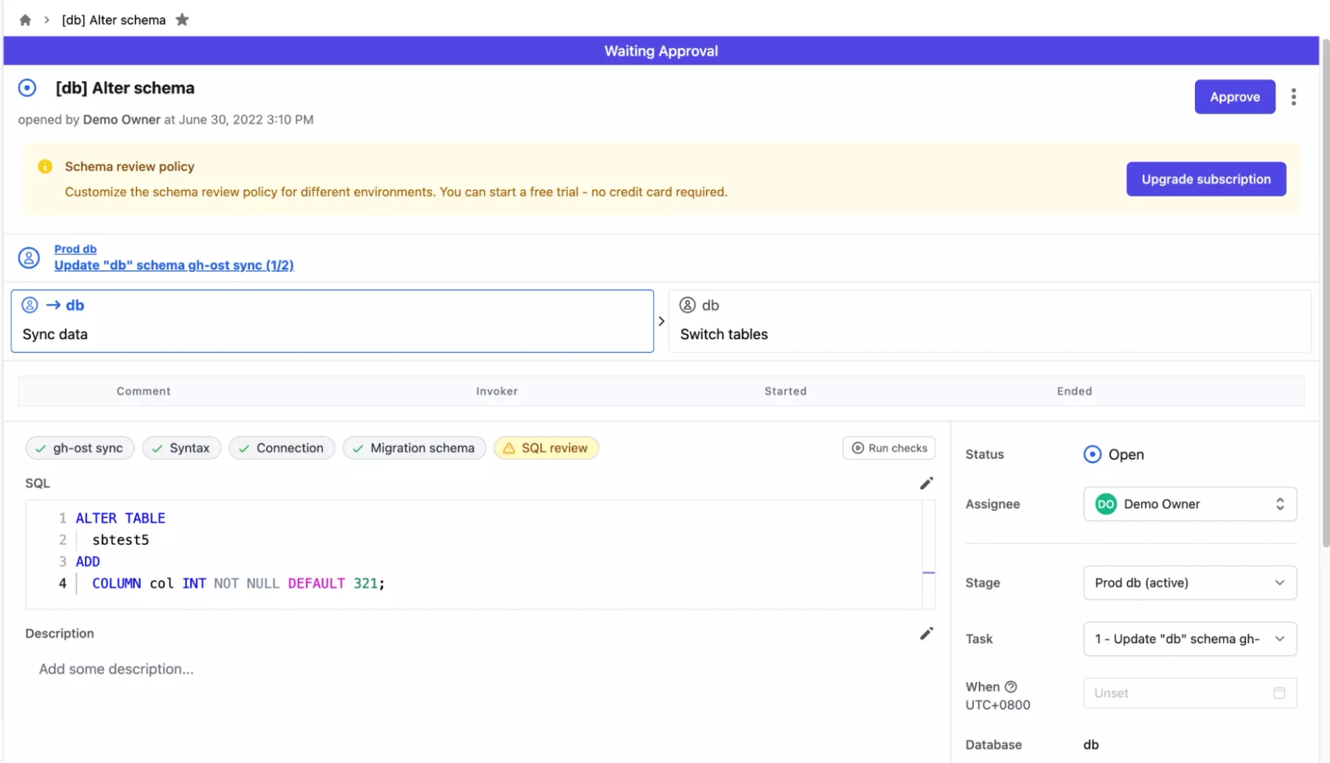 The issue detail page where gh-ost sync task is waiting approval.