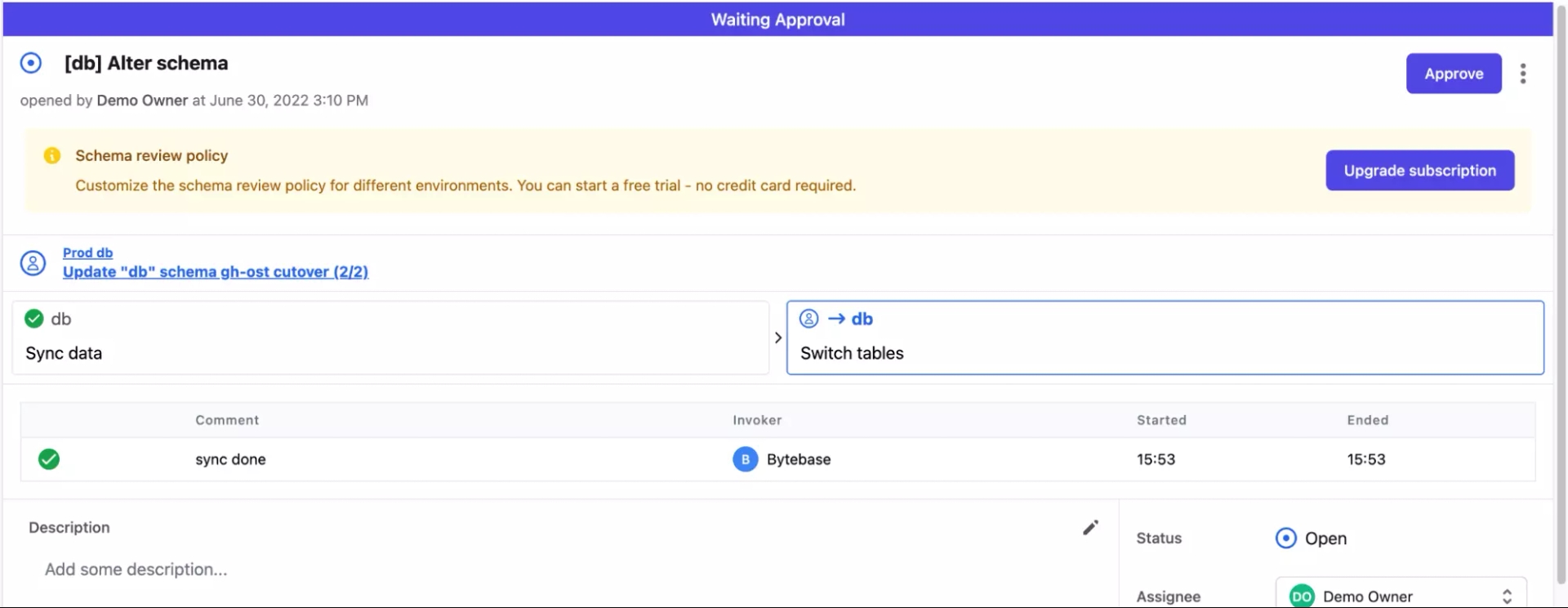 The issue detail page where the cutover task is waiting approval.