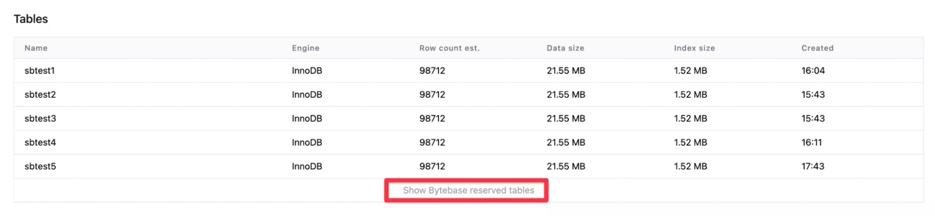 A table list where "Show Bytebase reserved tables" button is highlighted